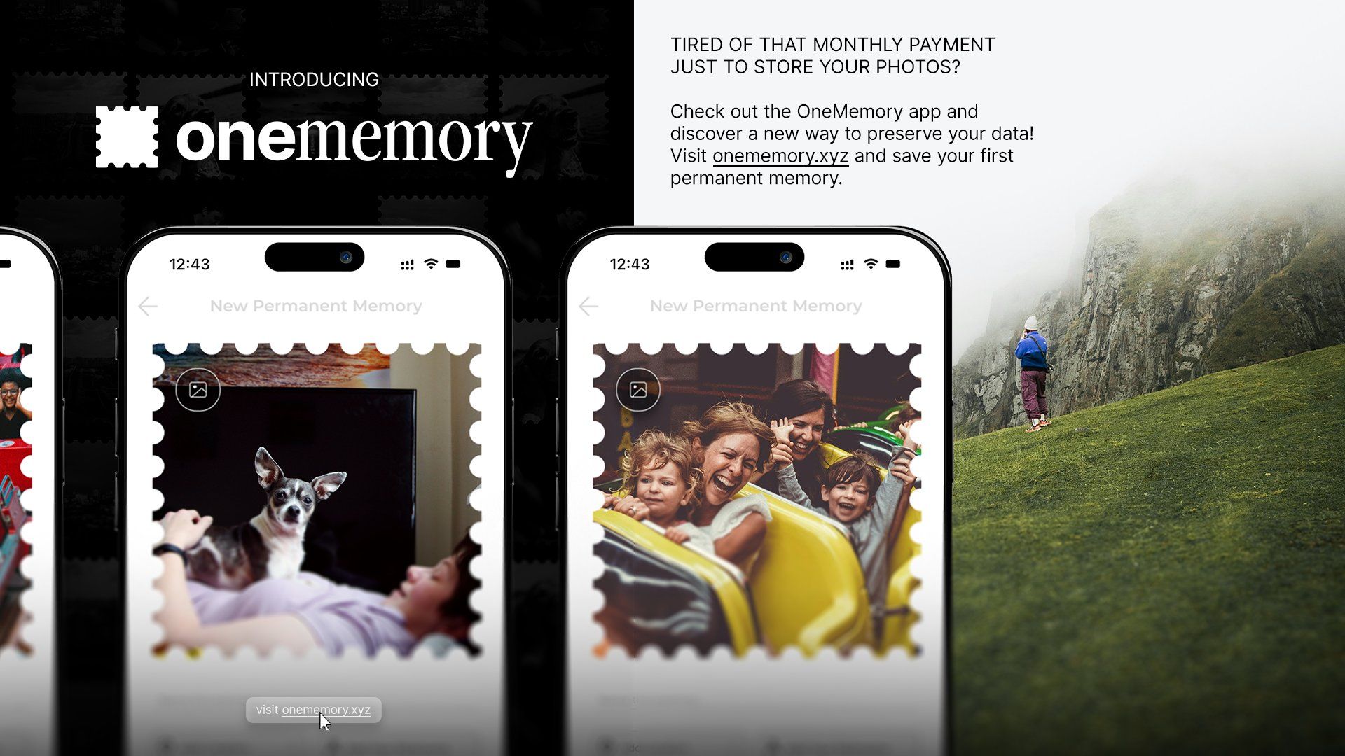 Promotional image for OneMemory app showing stamp-shaped photo storage on a smartphone.